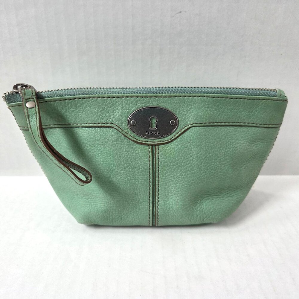 Fossil Pouch Mint Green Leather Zip Top Makeup Cosmetic Travel Case Toiletry Bag
